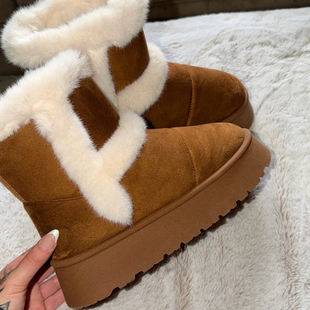 Fashion Nova Brown and Cream Winter Boots